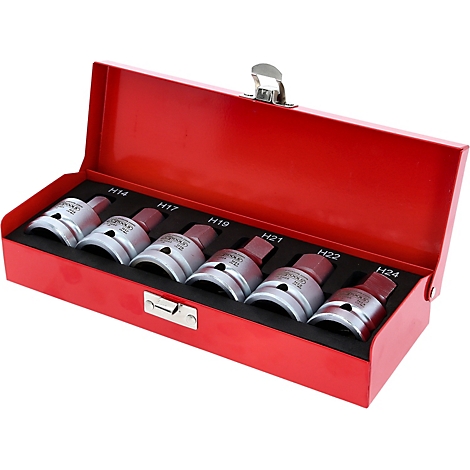 Roter Werkzeugkasten mit Sechskantschlüssel-Aufsätzen. Die Größen sind H14, H17, H19, H21, H22, H24.